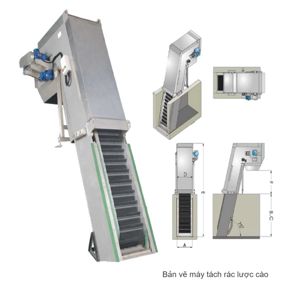 Máy tách rác lược cào công suất 3 mét khối/giờ chiều rộng 0,3 mét