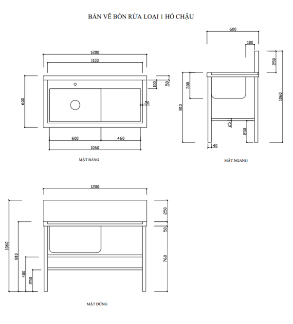 bản vẽ chậu rửa 1 hố chậu