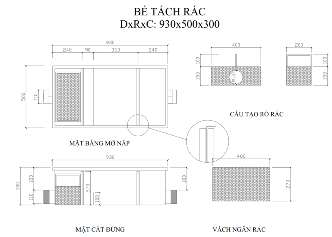 bản vẽ bể tách rác inox