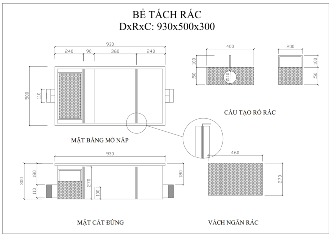 bản vẽ bể tách rác inox cho nhà hàng tại trung tâm thương mại
