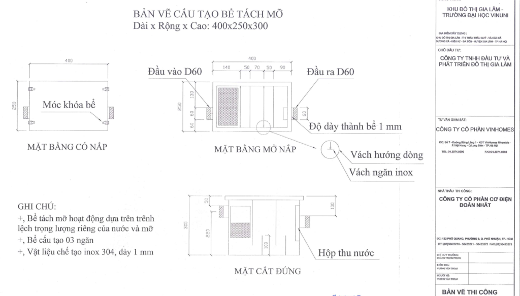 Chia sẻ mẫu bản vẽ bể tách mỡ 24 lít đạt tiêu chuẩn của VINHOME