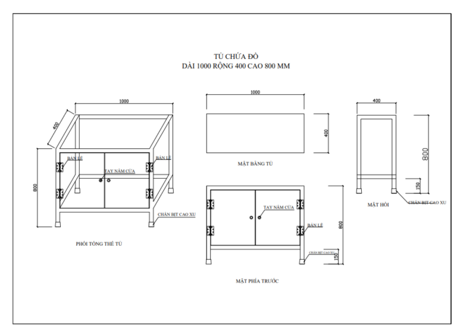 Chia sẻ bản vẽ tủ inox có ngăn chứa đồ kích thước 1000x400x450 mm