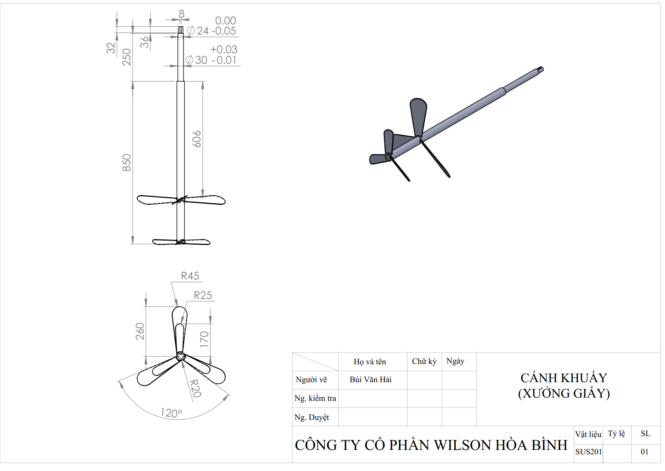 bản vẽ cánh khuấy 2 tầng inox 201