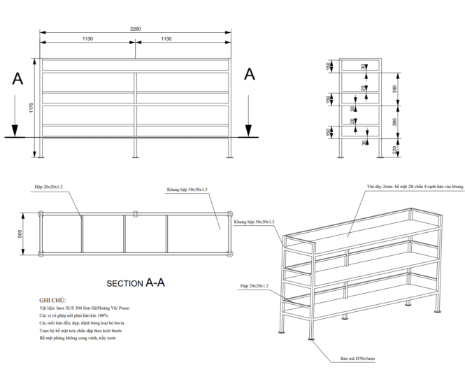 bản vẽ khung giá inox 3 tầng inox