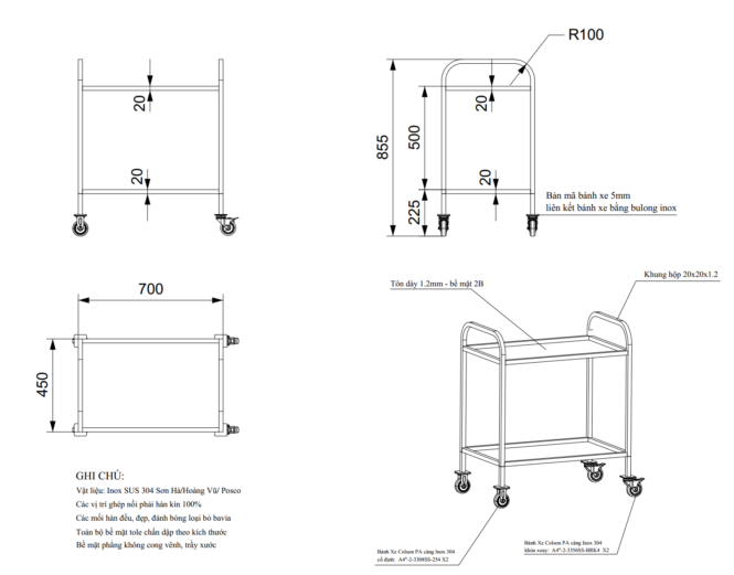 bản vẽ xe đẩy inox 2 tầng