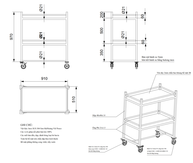 Bản vẽ xe chuyển film inox 304 theo yêu cầu