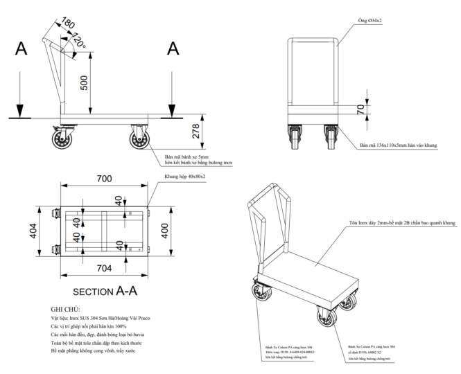Bản vẽ xe đẩy hàng inox loại số 7