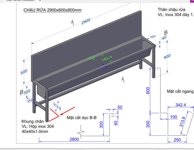 chậu rửa tay dài 2,9 mét