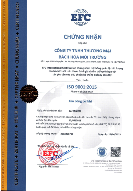 giấy chứng nhận công ty tnhh thương mại bách hóa môi trường đạt chứng chỉ iso