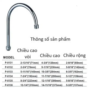 bảng thông số vòi nước cổ ngỗng không van khóa gắn tường