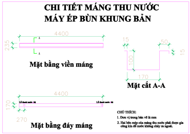 chi tiết máng thu nước inox cho máy ép bùn