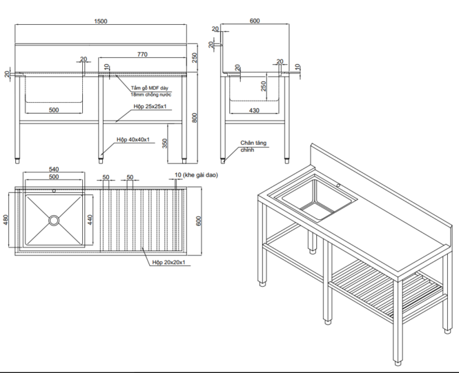 chậu rửa inox 1 hố chậu có lót gỗ MDF