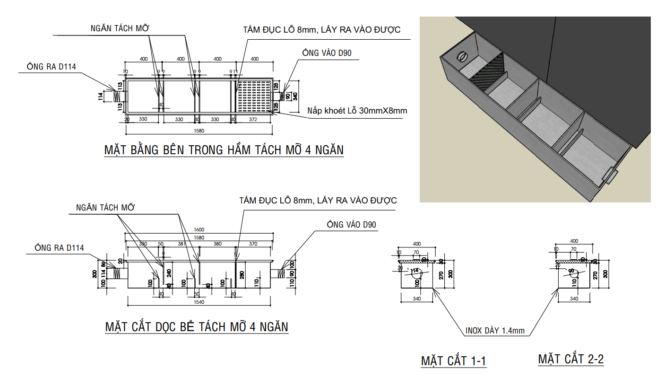 bản vẽ tách mỡ 4 ngăn dài 1600 mm