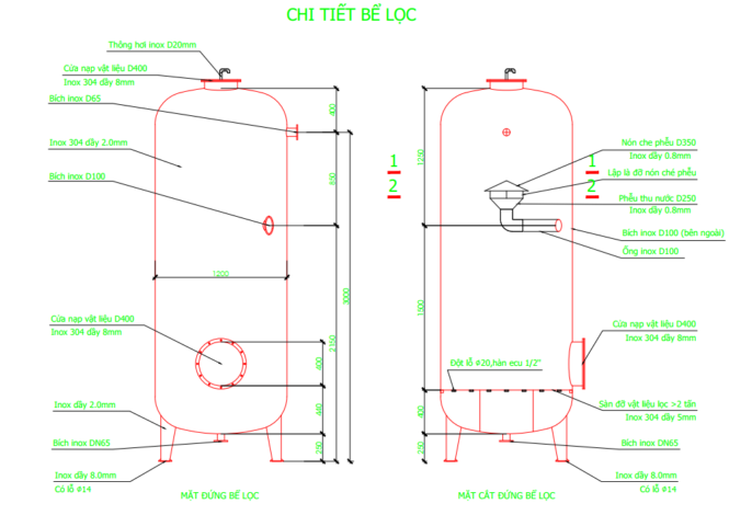 bản vẽ bình lọc đường kính 1200 mm inox