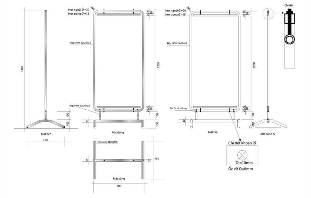 Bản vẽ standee inox kích thước phủ bì 1400x600 mm