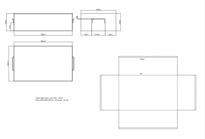 bản vẽ khay inox kích thước 500x300x150 mm