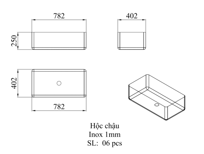 bản vẽ hố chậu inox 782x402x250 mm
