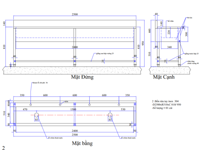 bản vẽ chậu rửa dự án 2500x510x950 mm