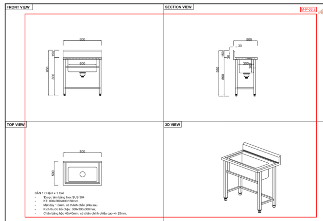 bản vẽ chậu rửa inox 1 hố 800x500x950 mm