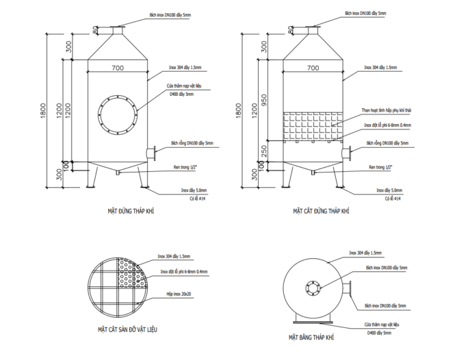 chia sẻ bản vẽ tháp hấp phụ khí bằng inox 304 